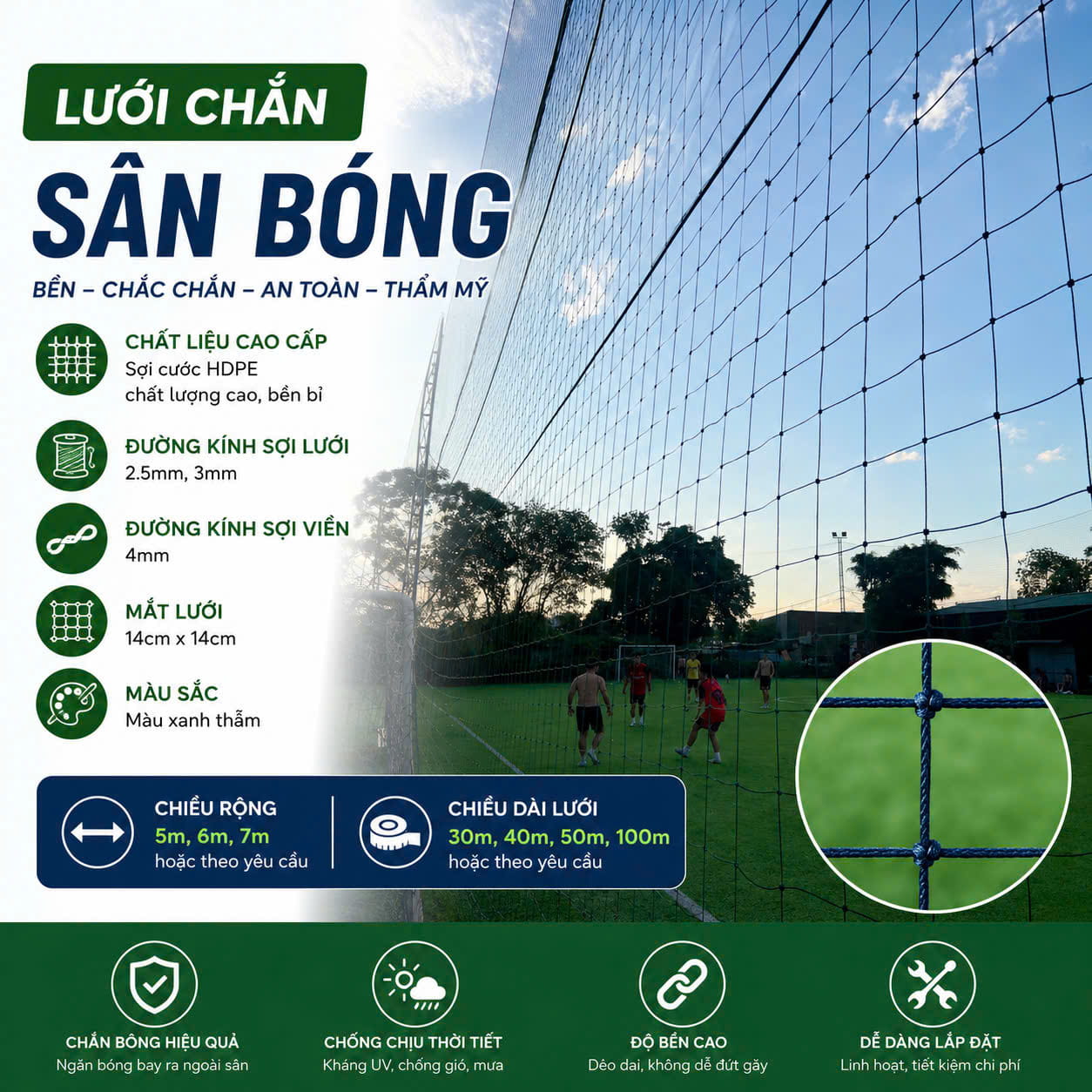 Lưới chắn sân bóng đá 3mm hdpe Lưới chắn sân bóng sợi HDPE theo yêu cầu - Ảnh 1