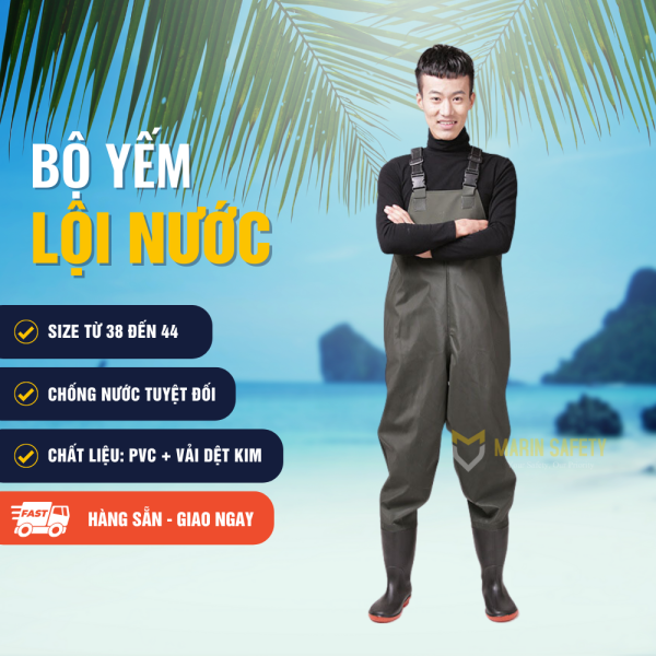 Bộ quần áo lội nước cao su, ủng lội nước màu xanh rêu