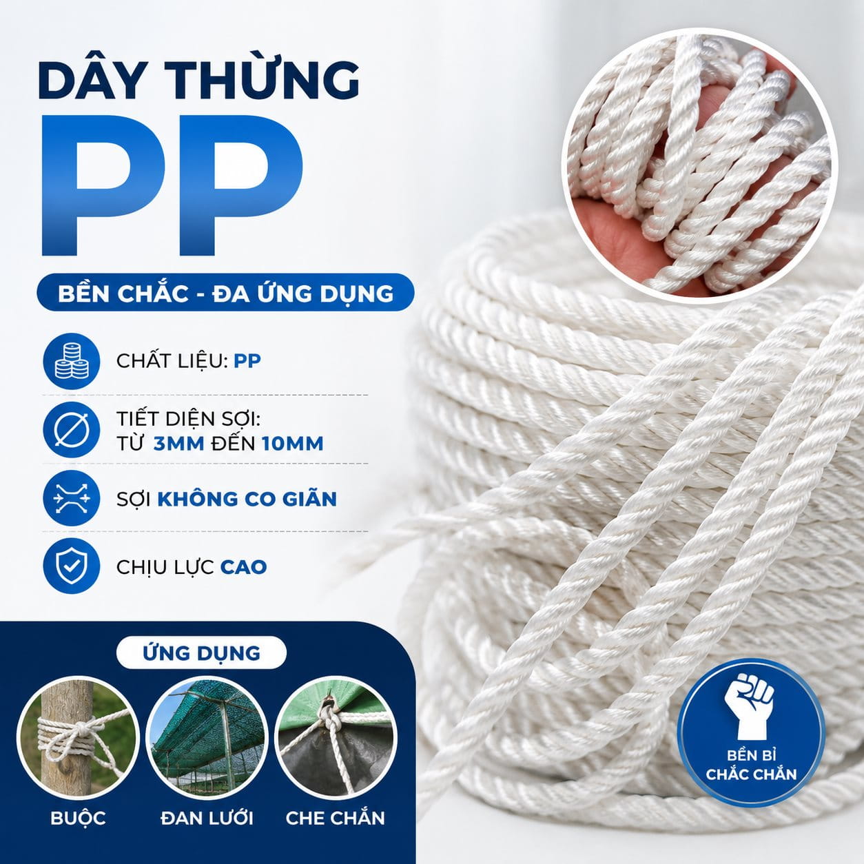 Dây dù PP nhiều kích cỡ Dây thừng sợi dù PP trắng ngà 2mm - 10mm - Ảnh 1