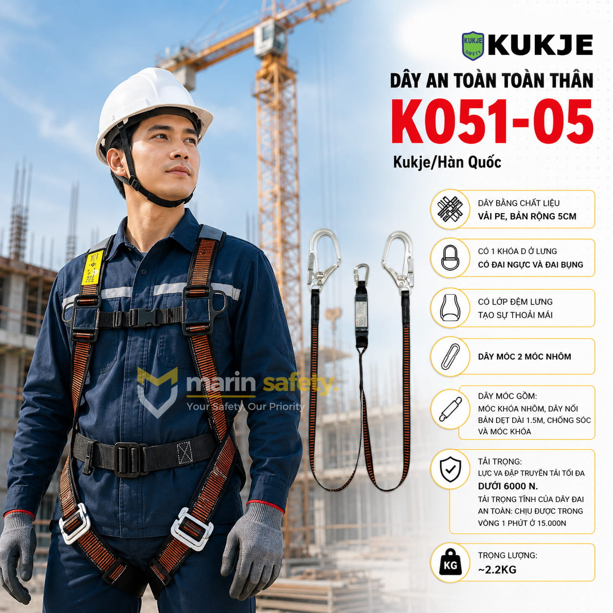 Dây-an-toàn-toàn-thân-Kukje-K051-05 Dây toàn thân Kukje K071-05 kèm dây chống sốc 2 móc nhôm - Ảnh 1