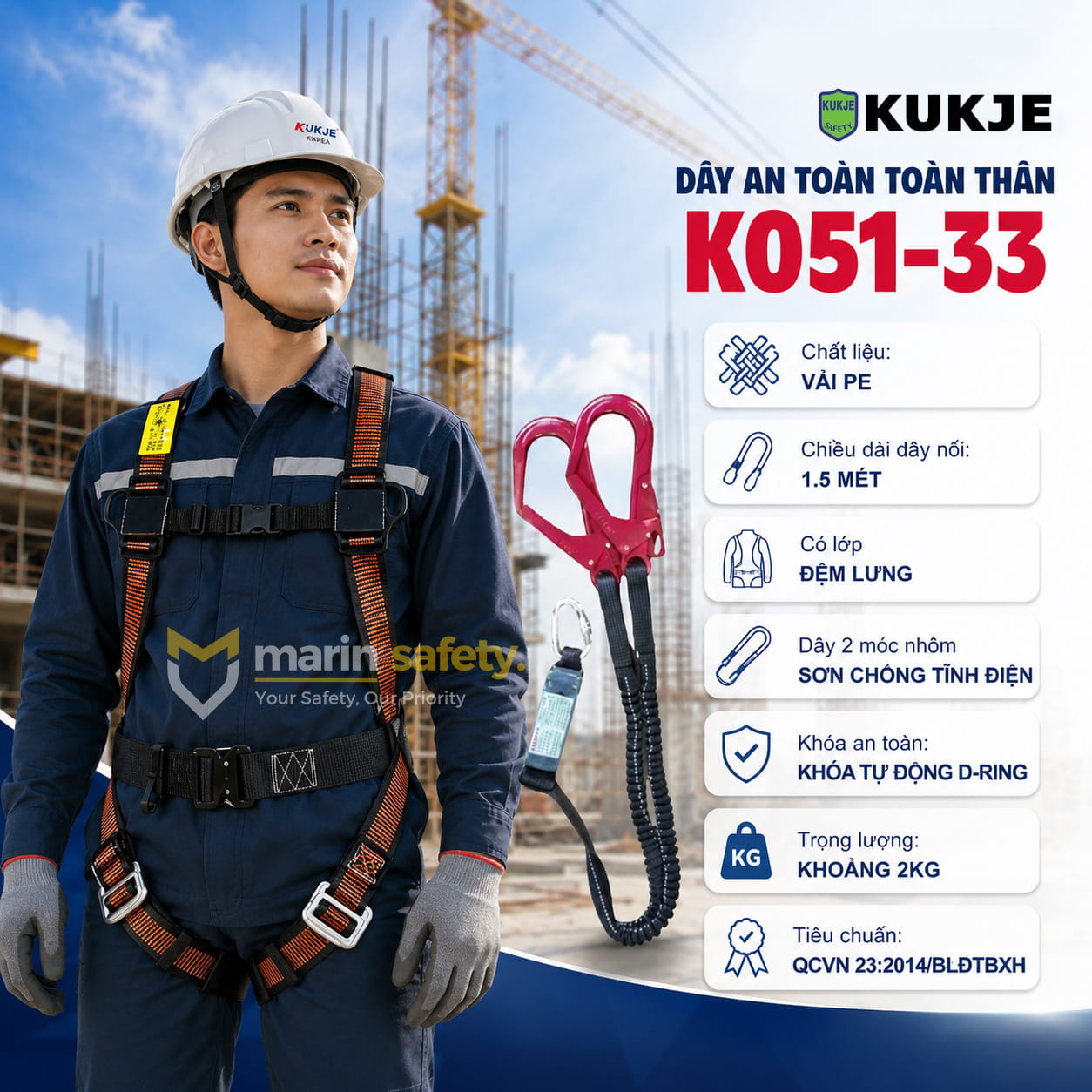 Dây-an-toàn-toàn-thân-Kukje-K051-33-chống-tĩnh-điện Dây toàn thân Kukje K051-33 2 móc nhôm chống tĩnh điện - Ảnh 1