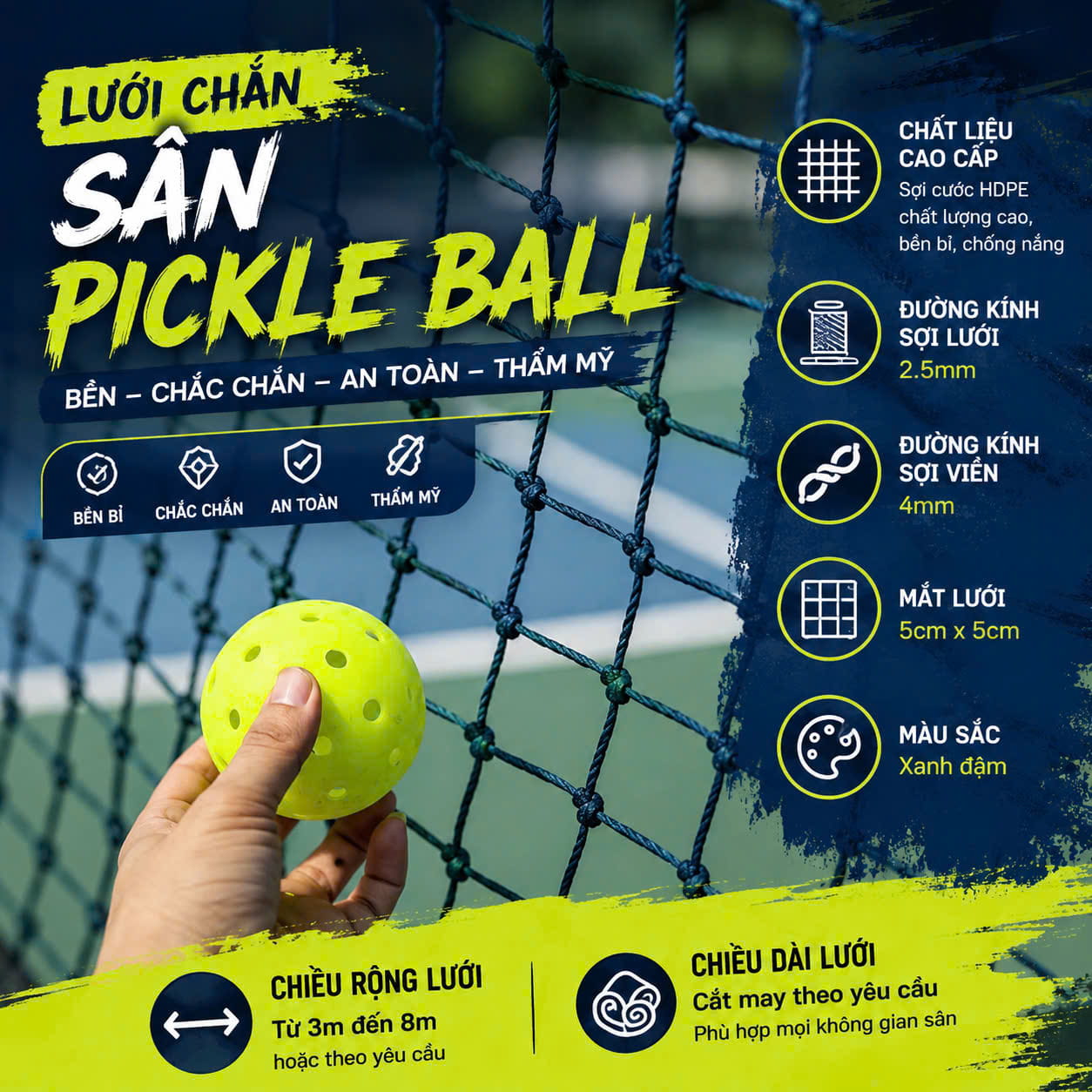 Lưới chắn sân pickle ball ô 5cm Lưới chắn sân pickle ball ô lưới 5cm - Ảnh 1