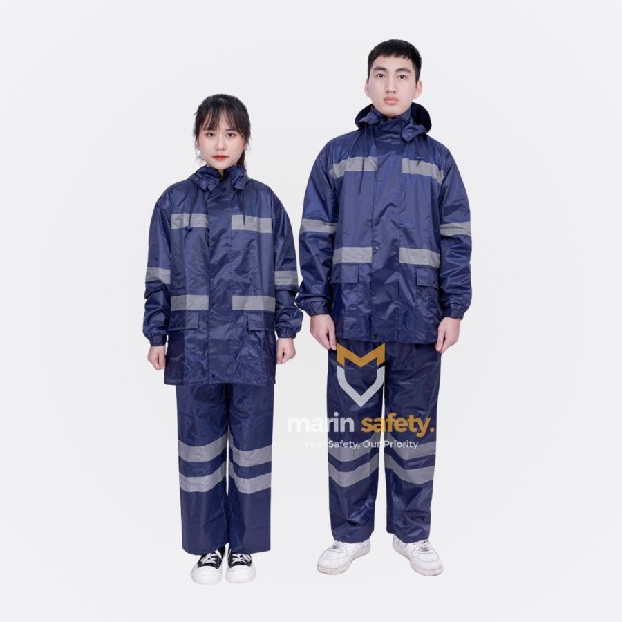 Bộ áo mưa xanh dương đậm phối phản quang Bộ quần áo mưa màu xanh dương đậm - Ảnh 1
