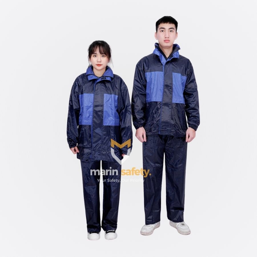 Bộ áo mưa xanh phối tím than phổ thông Bộ quần áo mưa 2 lớp phổ thông - Ảnh 1